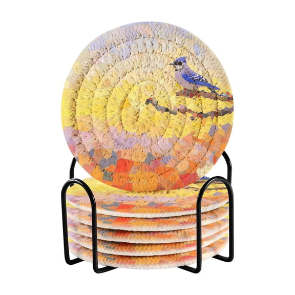 Mosaic Blue Jay 4in Bar Coasters Set of 6 with Storage Rack Durable Heat Resistant
