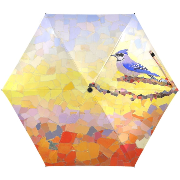 Mosaic Blue Jay Umbrellas for Sun Auto Open Close UV50+ Waterproof 5-Fold Compact Fiberglass Frame
