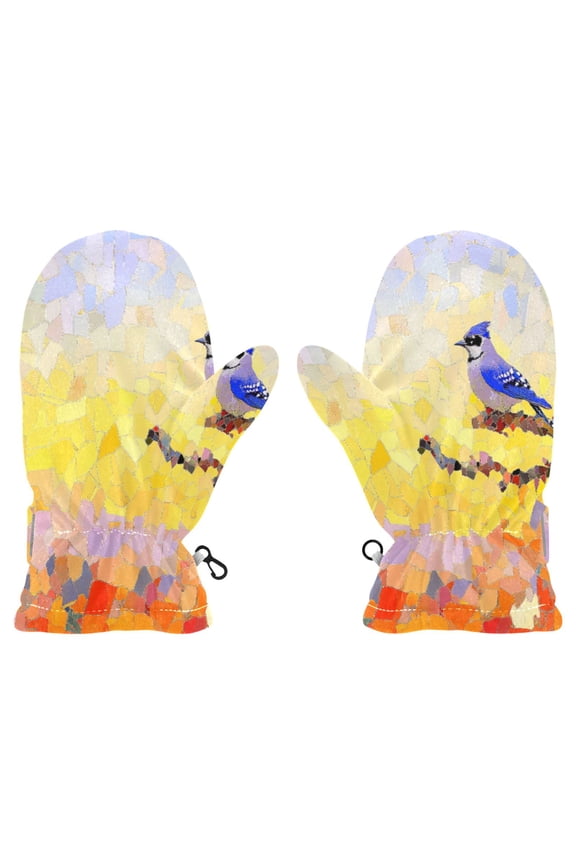 Mosaic Blue Jay Witch Cauldron Pattern Cold Weather Mittens Cozy Gloves with Adjustable Fit Perfect for Outdoor Fun