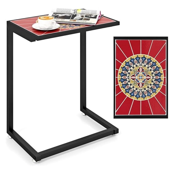 Mosaic C-Shaped Outdoor Side Table with Sturdy Metal Frame and Adjustable Foot Pads, 110 Lbs Capacity, Patio End Table for Sofa Side, Living Room, Bedroom, Outside (1)