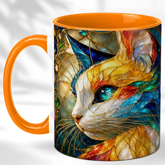 Mosaic Cat Face Coffee Mug, Colorful Feline Mug, Ceramic 11 oz
