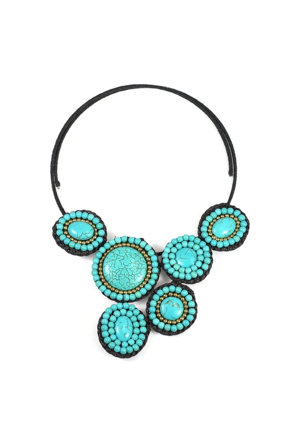 Mosaic Charm Round Turquoise- Brass Beads Cotton Rope Choker