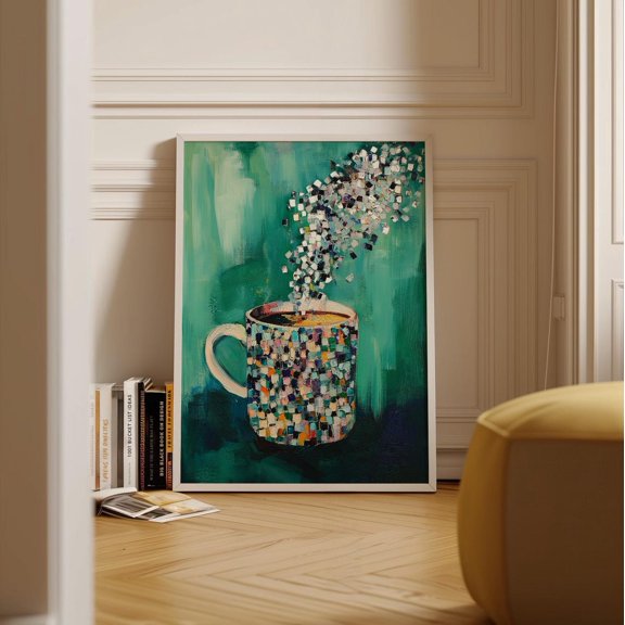 Mosaic Coffee Mug Print Abstract Steam Art Teal Kitchen Decor