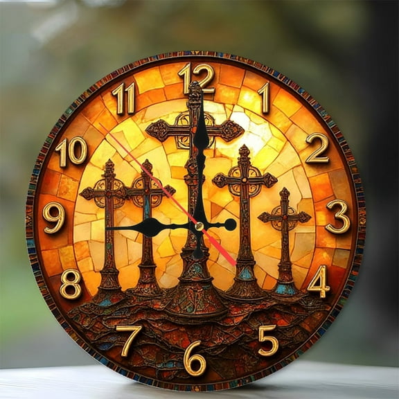 Mosaic Crosses Wall Clock Antique Style Home Decor 10-Inch Silent Wooden Wall Clock, Battery Operated (AA Batteries Not Included), Artistic Home Decor