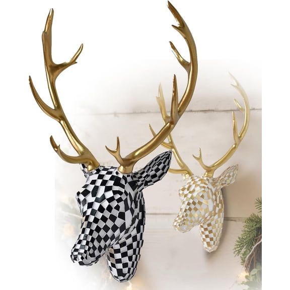 Mosaic Deer Head Wall Decor  Black and White Wall Art, Artistic Faux Resin Animal Head Sculptures, Checkered Modern Antler Art Hanging Decoration for Living Room and Bedroom (Black)