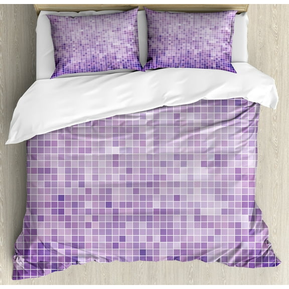 Mosaic Duvet Cover Set, Abstract Monochromatic Design Pattern of Pixel Inspired Little Squares, Decorative 3 Piece Bedding Set with 2 Pillow Shams, Queen Size, Lavender and Multicolor, by Ambesonne