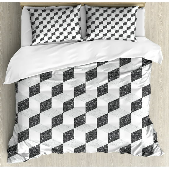 Mosaic Duvet Cover Set, Geometrical Theme Tiles Natural Stone Repetitive Abstract Rhombuses Images, Decorative 3 Piece Bedding Set with 2 Pillow Shams, Calking Size, Dark Grey and White, by Ambesonne