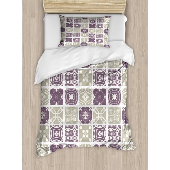 Mosaic Duvet Cover Set, Moroccan Ethnic Style Vintage Tiles Motif Traditional, Decorative 2 Piece Bedding Set with 1 Pillow Shams, Twin Size, Eggplant Pale Khaki and White, by Ambesonne