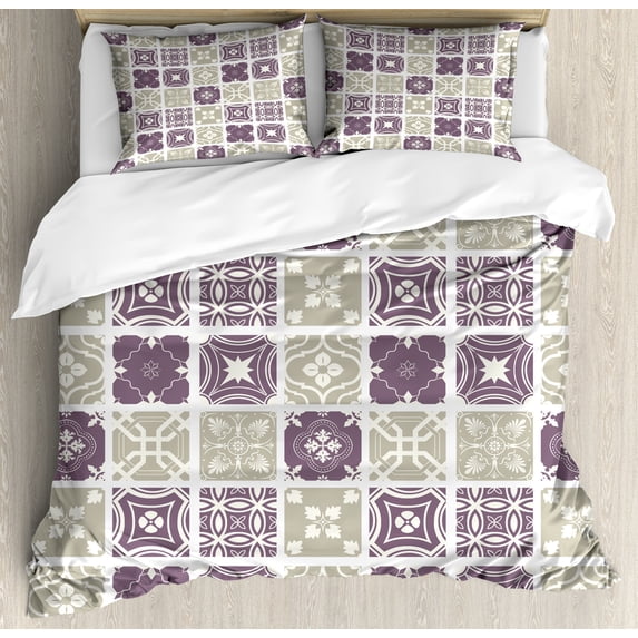 Mosaic Duvet Cover Set, Moroccan Ethnic Style Vintage Tiles Motif Traditional, Decorative 3 Piece Bedding Set with 2 Pillow Shams, Calking Size, Eggplant Pale Khaki and White, by Ambesonne