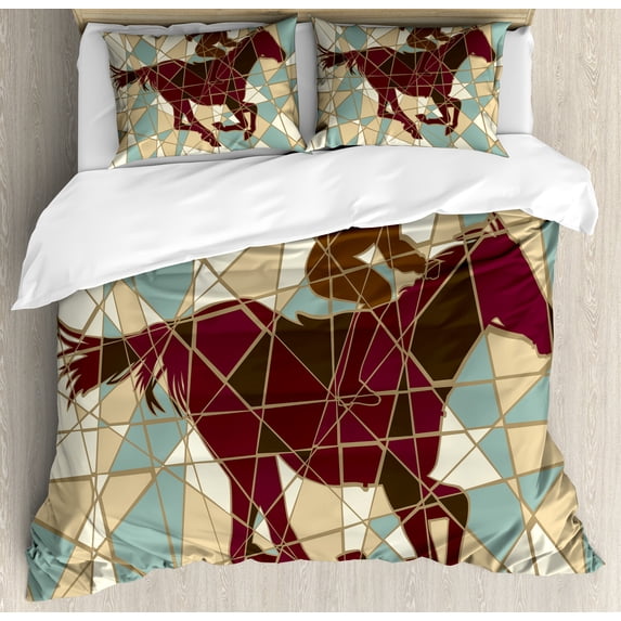 Mosaic Duvet Cover Set, Running Stable Racehorse and Jockey Silhouettes on Pieced Background, Decorative 3 Piece Bedding Set with 2 Pillow Shams, Queen Size, Purple Pale Brown Teal, by Ambesonne
