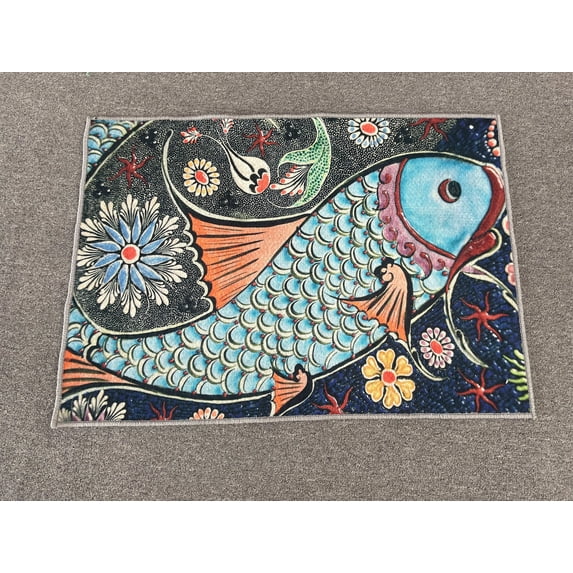 Mosaic Fish Effect Rugs, Thin Rugs, Animal Rugs, Bridesmaid Gift Rug, Colorful Rugs, Salon Decor Rug, Pattern Rug, Kitchen Rugs, Fish Rugs, 3.3'x9.2' - 100x280 cm
