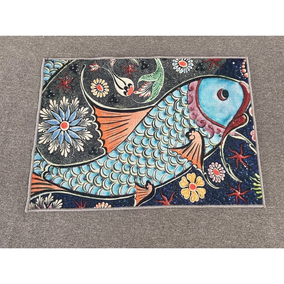 Mosaic Fish Effect Rugs, Thin Rugs, Animal Rugs, Bridesmaid Gift Rug, Colorful Rugs, Salon Decor Rug, Pattern Rug, Kitchen Rugs, Fish Rugs, 1.7'x2.3' - 50x70 cm