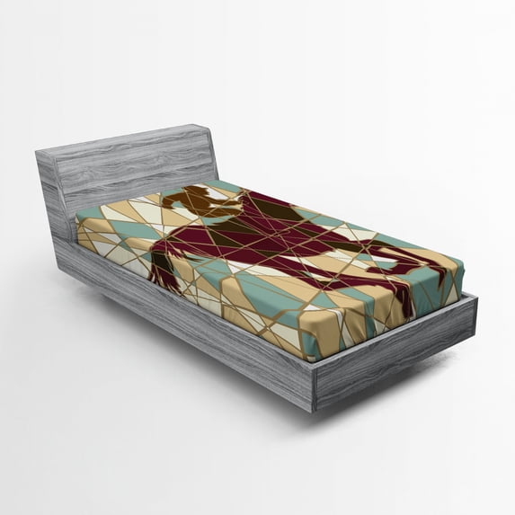 Ambesonne Mosaic Fitted Sheet, Stable Jockey Silhouette, Twin XL Size, Purple Pale Brown Teal