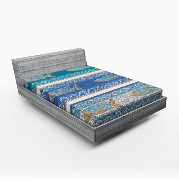 Mosaic Fitted Sheet, Style Byzantine Ceramics Inspired Maritime Fractal Fish Pattern Artwork, Soft Decorative Fabric Bedding, Queen Size, Slate Blue, by Ambesonne