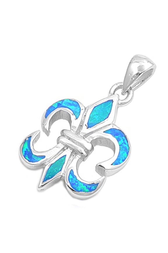 Mosaic Fleur De Lis Pendant Blue Simulated Opal .925 Sterling Silver Charm Jewelry Female Unisex