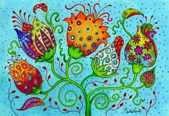 Mosaic Flowers-Indian Blue Canvas Art - Christine Kerrick (29 x 20)