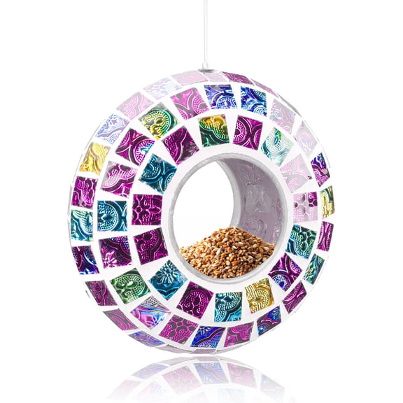 Mosaic Fly-Through Bird Feeder – Colorful Circular Hanging Feeder,Outdoor Bird Feeder,Decorative Outdoor Accent for Garden, Patio & Bird Watching