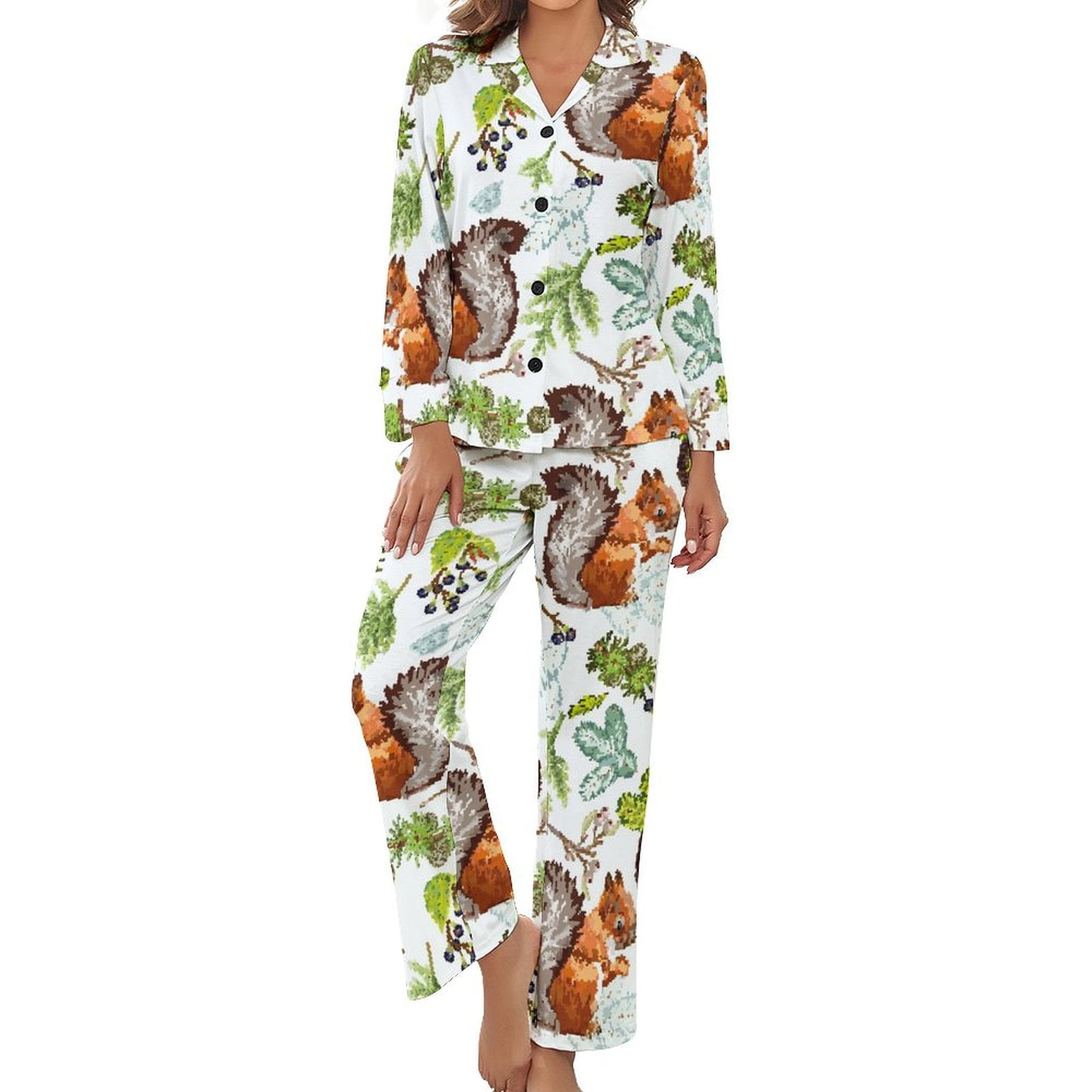 Mosaic Forest Squirrel Pajama Sets for Women 2 Piece, Long Sleeve