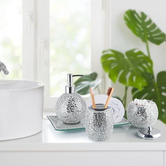 Mosaic Glass Bathroom Accessories Set, Modern Luxury Bath Ensemble, Includes Soap Dispenser & Cotton Swab Jar & Toothbrush Holder & Vanity Tray (Shiny Silver)