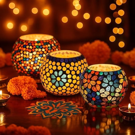 Mosaic Glass Decorative Tea Light Candle Holders - Set of 3 Decorative Tea Light Holders Ideal for Home Decor, Weddings, Parties, and Diwali Festival - Tea Light Candles Included