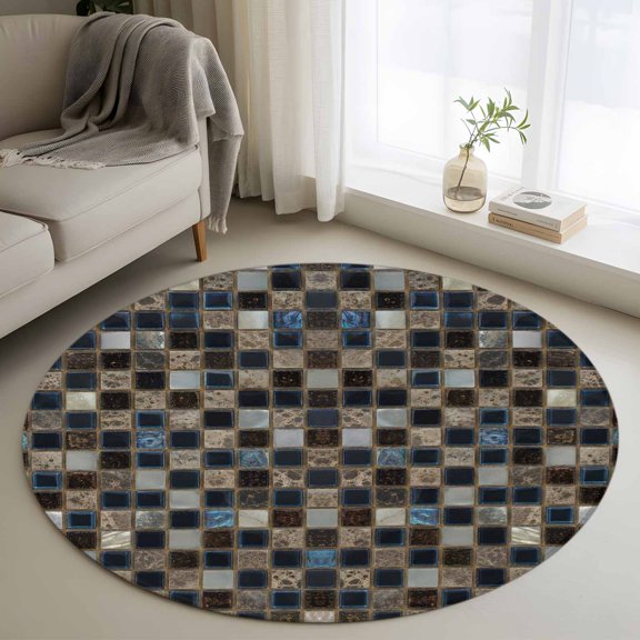 Mosaic Grid 3FT Round Area Rug Abstract Retro Minimalist Brown Black Blue Checkered Soft Small Round Rugs Non-Slip, Ultra-Thin Washable Rug Low Pile Circle Carpet for Bedroom Kitchen Nursery