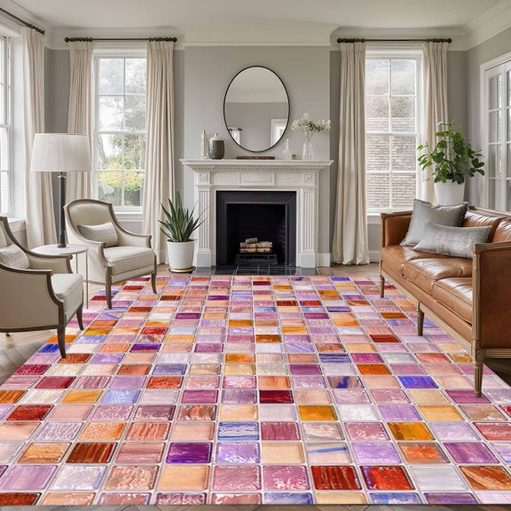 Mosaic Grid 5'x7' Area Rug, Pink Checkered Abstract Plaid Modern Art Washable Non-Slip Soft Rugs, Low-Pile Large Carpet for Living Room Bedroom Dining Room, Non-Shedding Accent Rug