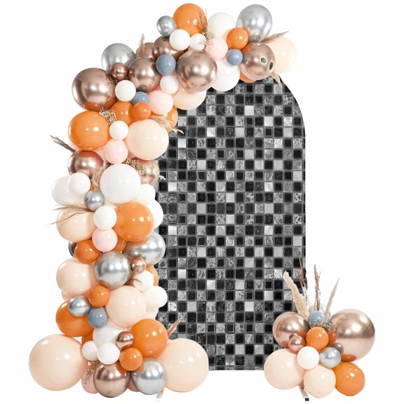 Mosaic Grid Arch Backdrop Cover 6Ft, Wedding Arch Covers Stretchy Backdrop, Black Checkered Abstract Plaid Modern Art Fitted 2 Sided Arched Photo Background for Birthday Party Decorations
