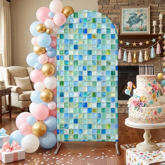 Mosaic Grid Arch Backdrop Covers 4 FT, Abstract Retro Minimalist Blue Mint Green Checkered Stretchy Fitted Arched Stand Covers Party Arch Stand Cover Photo Booth for Wedding Birthday Decor