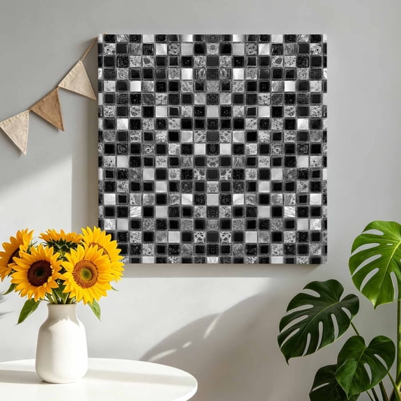 Mosaic Grid Canvas Wall Art, Abstract Retro Minimalist Black Gray White Checkered Framed Canvas Wall Decor Picture Print Artwork Decorations for Living Room Office Ready to Hang 12" x 12"