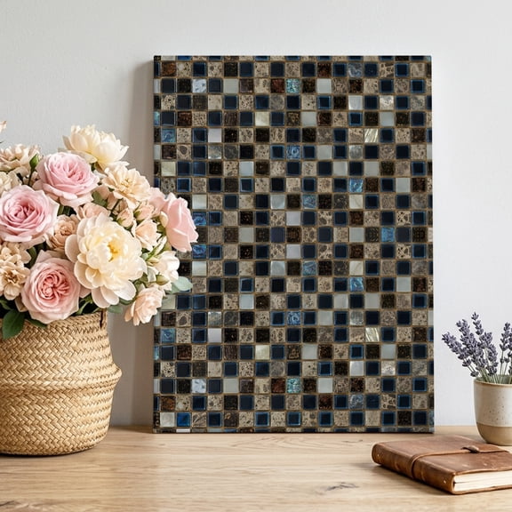 Mosaic Grid Canvas Wall Art for Living Room, Abstract Retro Minimalist Brown Black Blue Checkered Poster Print Painting for Bedroom Office Home Decoration Wall Pictures Prepare To Hang 8"x12"