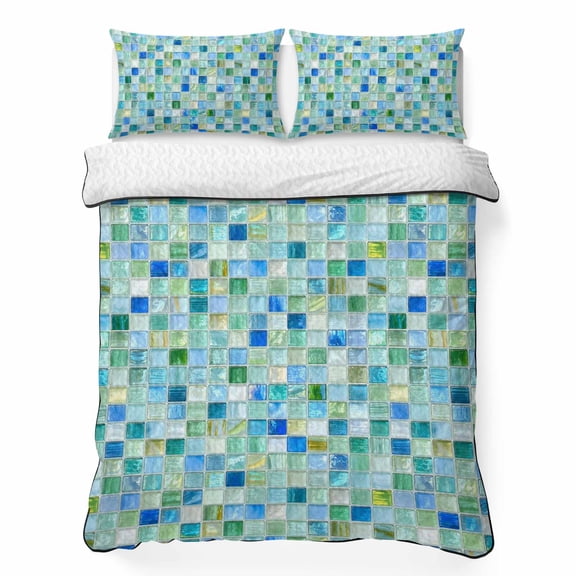 Mosaic Grid King Quilt Bedding Set, Abstract Retro Minimalist Blue Mint Green Checkered Lightweight Comforter with 2 Pillow Shams Bedroom Bedspread Set Home Decor for All Seasons