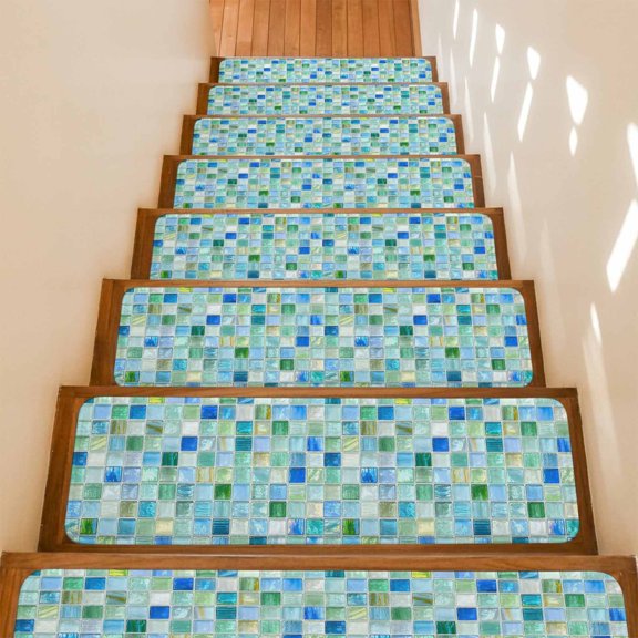 Mosaic Grid Non-Slip Stair Treads for Wooden Steps, 15 Pack 8x30 Inches Carpet Stair Mats with Adhesive Backing, Noise-Reducing Step Covers for Indoor Stairs, Easy to Install & Residue-Free