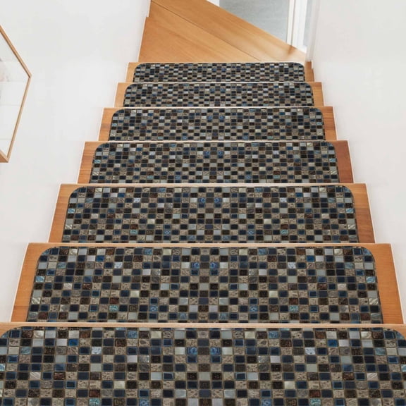 Mosaic Grid Stair Treads Non Slip for Steps Abstract Retro Minimalist Brown Black Blue Checkered 4 Pcs Reusable Adhesive Stair Runner Mats for Dogs Elders Carpet Treads Rugs for Staircase 8x30 In