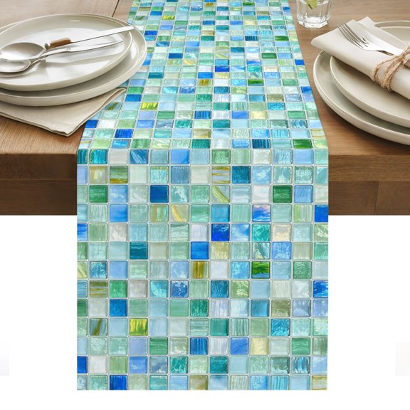 Mosaic Grid Table Runner, Abstract Retro Minimalist Blue Mint Green Checkered Washable Kitchen Table Runners Dress Scarves for Dining Table Decorations Party/Restaurant/Indoor Outdoor Use, 13x36in