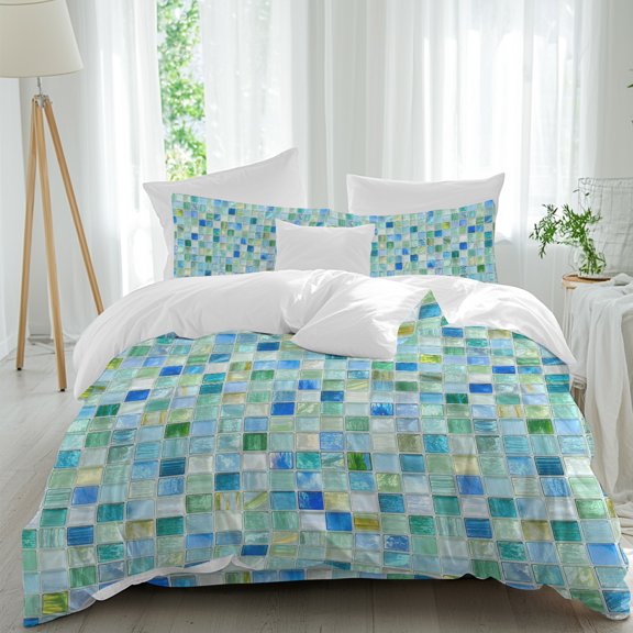 Mosaic Grid Twin Duvet Cover Set, Abstract Retro Minimalist Blue Mint Green Checkered 4 Piece Microfiber Bedding Set with Zipper Closure, Bed Sheet and 2 Pillow Shams, Soft Bedding Cover