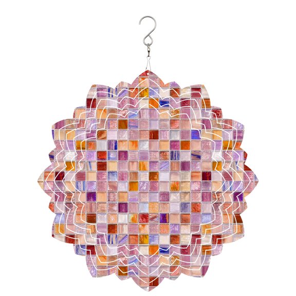 Mosaic Grid Wind Spinner for Garden Yard 8In, Abstract Retro Minimalist Pink Orange Checkered 3D Stainless Steel Kinetic Hanging Wind Spinners Rustproof Outdoor Decor for Lawn Patio Home