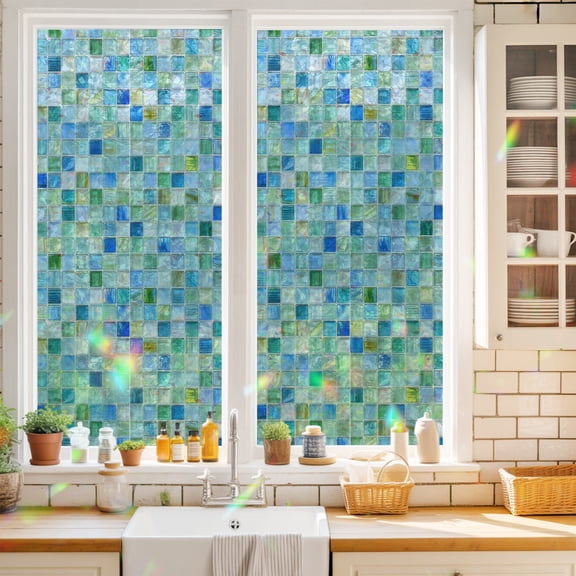 Mosaic Grid Window Privacy Film Abstract Retro Minimalist Blue Mint Green Checkered Static Cling Stained Glass Window Film Non-Adhesive Decorative Decals Rainbow Sticker 17.7"X39.3"