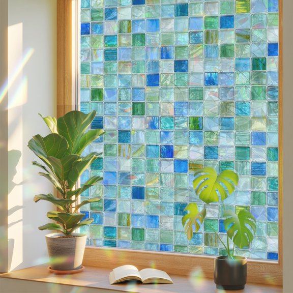 Mosaic Grid Window Privacy Film, Abstract Retro Minimalist Blue Mint Green Checkered Static Cling Stained Glass Window Sticker Decorative Removable Rainbow Film for Glass 17.7”x39.3”
