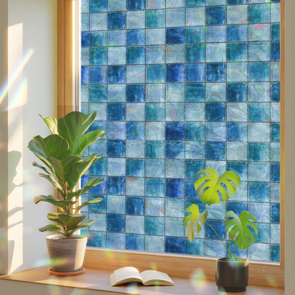 Mosaic Grid Window Privacy Film, Abstract Retro Minimalist Navy Blue Checkered Static Cling Stained Glass Window Sticker Decorative Removable Rainbow Film for Glass 17.7”x39.3”