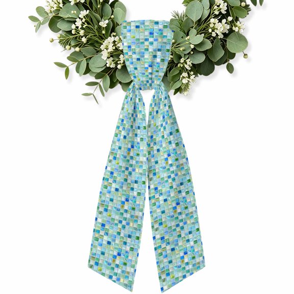Mosaic Grid Wreath Sash for Front Door, Mint Green Checkered Abstract Plaid Modern Art Wreath Bow Accent for Fall Christmas Holiday Door Decor, Ribbon Sash for Wreaths, Porch Home Deocration