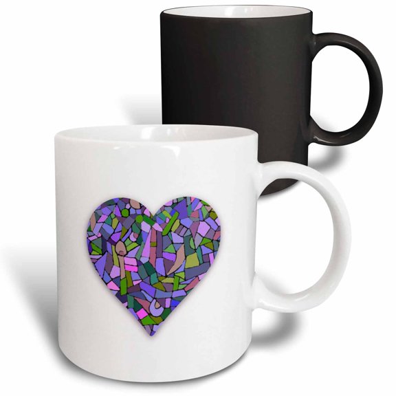 3drose, Mosaic Heart Graphic Art - Arty Purple Green Abstract - Gaudi-inspired, 11oz Magic Transforming Mug