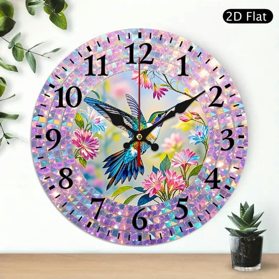 Mosaic Hummingbird Wall Clock Round Floral Garden Decorative Clock 10x10 Inch 1pc Battery Not Included