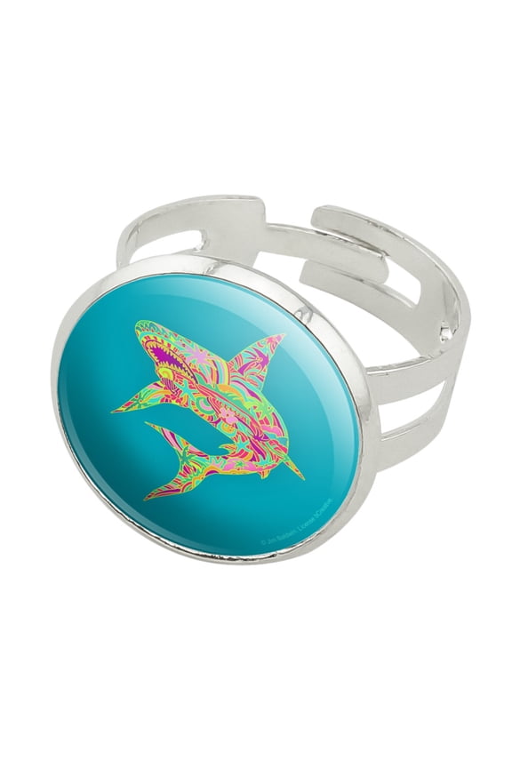 Mosaic Lily Shark Tropical Island Surf Silver Plated Adjustable Novelty Ring