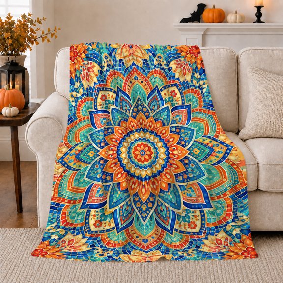 Mosaic Mandala Sofa Pumpkins Blue Teal Art, Cozy Friendship Quote Scene, Warm Flannel Blanket for Living Room and Reading Nook, Art Lovers Thanksgiving Gift, Artistic Home Decor