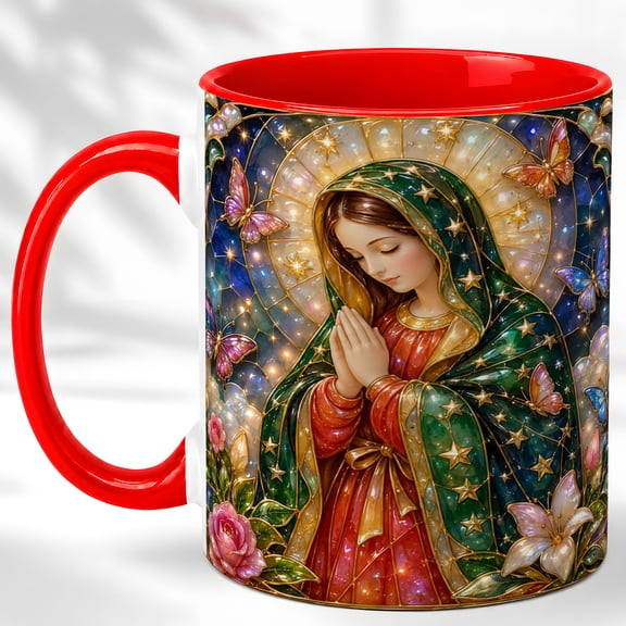 Mosaic Mary Coffee Mug, Butterfly Prayer Mug, Ceramic 11 oz