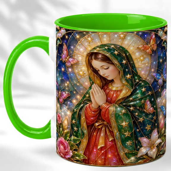 Mosaic Mary Coffee Mug, Butterfly Prayer Mug, Ceramic 11 oz