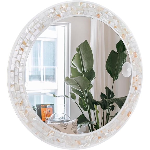 Mosaic Mirrors for Wall 30 Inch, Natural Mother of Pearl Inlay White Framed Round Mirror for Bathroom, Bedroom or Entryway