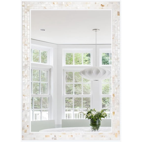 Mosaic Mirrors for Wall 30x40 Inch, Natural Mother of Pearl Inlay White Framed Rectangle Mirror for Bathroom, Bedroom or Entryway