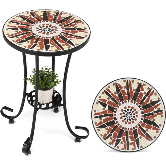 Mosaic Outdoor Side Table, 14" Round End Table, Accent Table, Ceramic Tile Top Black Iron,Brown Flower