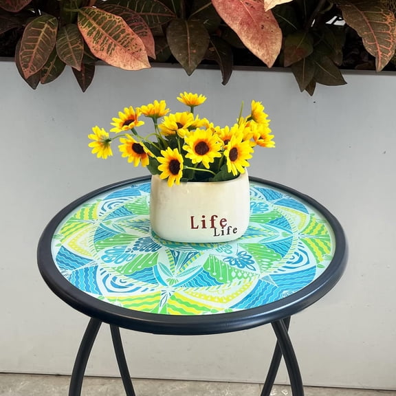 Mosaic Outdoor Side Table, 14" Round Side Table, Mosaic Plant Stand, End Table W/Storage Shelf, Small Bistro Coffee Table for Garden Yard Porch Living Room(Green)